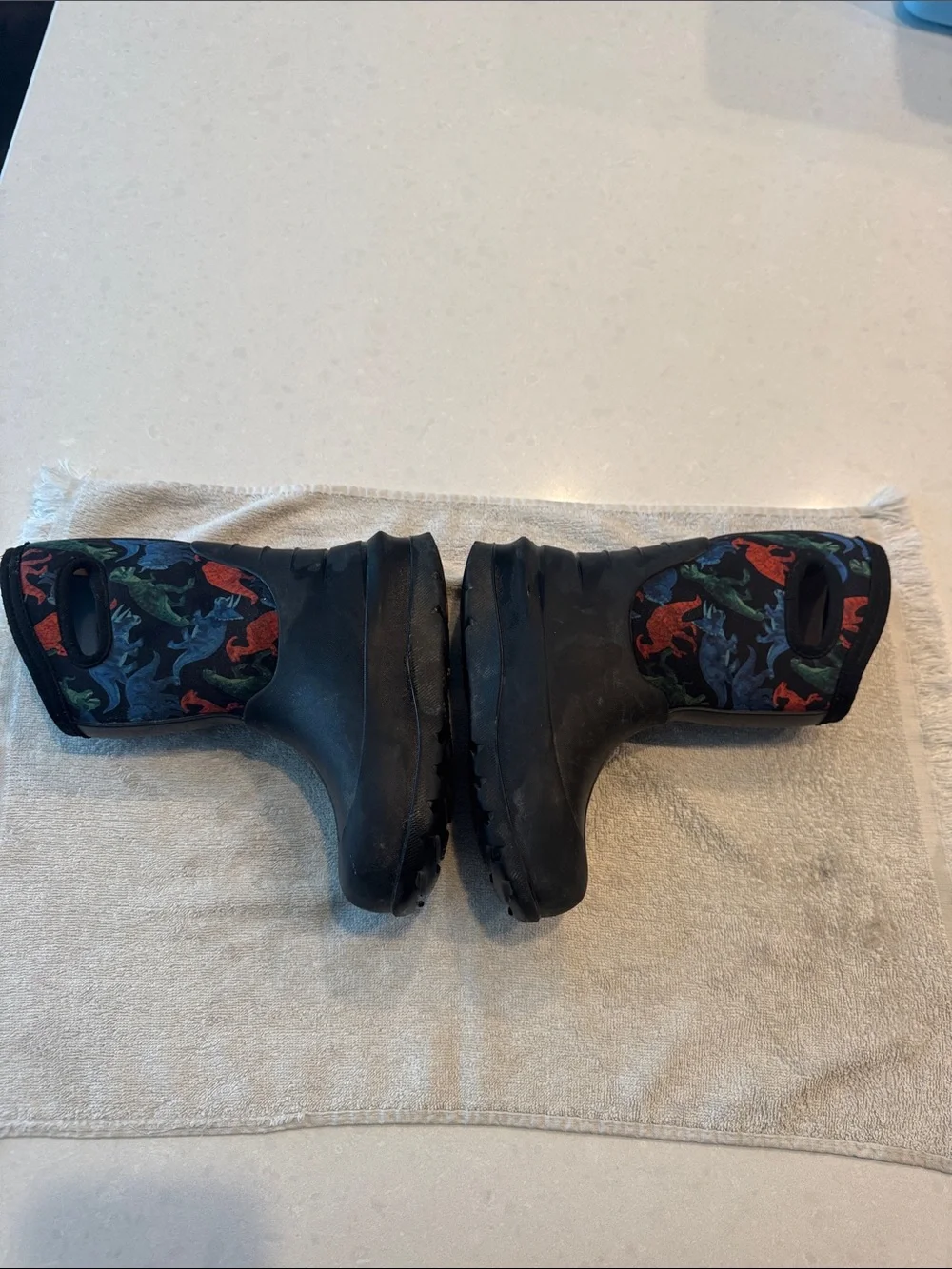 Bogs Kids Black Rain Boots with Red, Blue & Green Dinosaurs